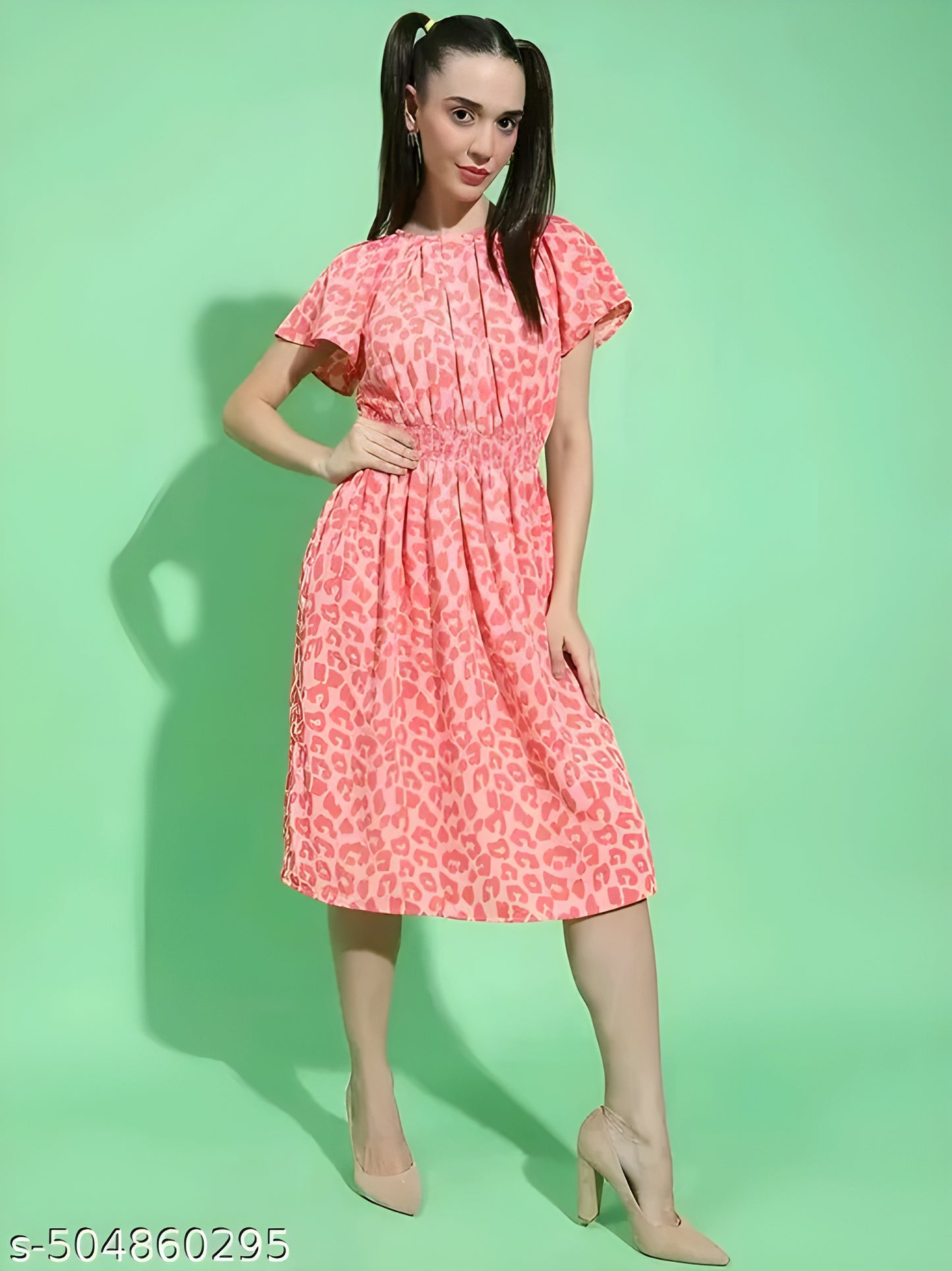 Women Pink printed round neck short sleeve smocked waist Blouson dress