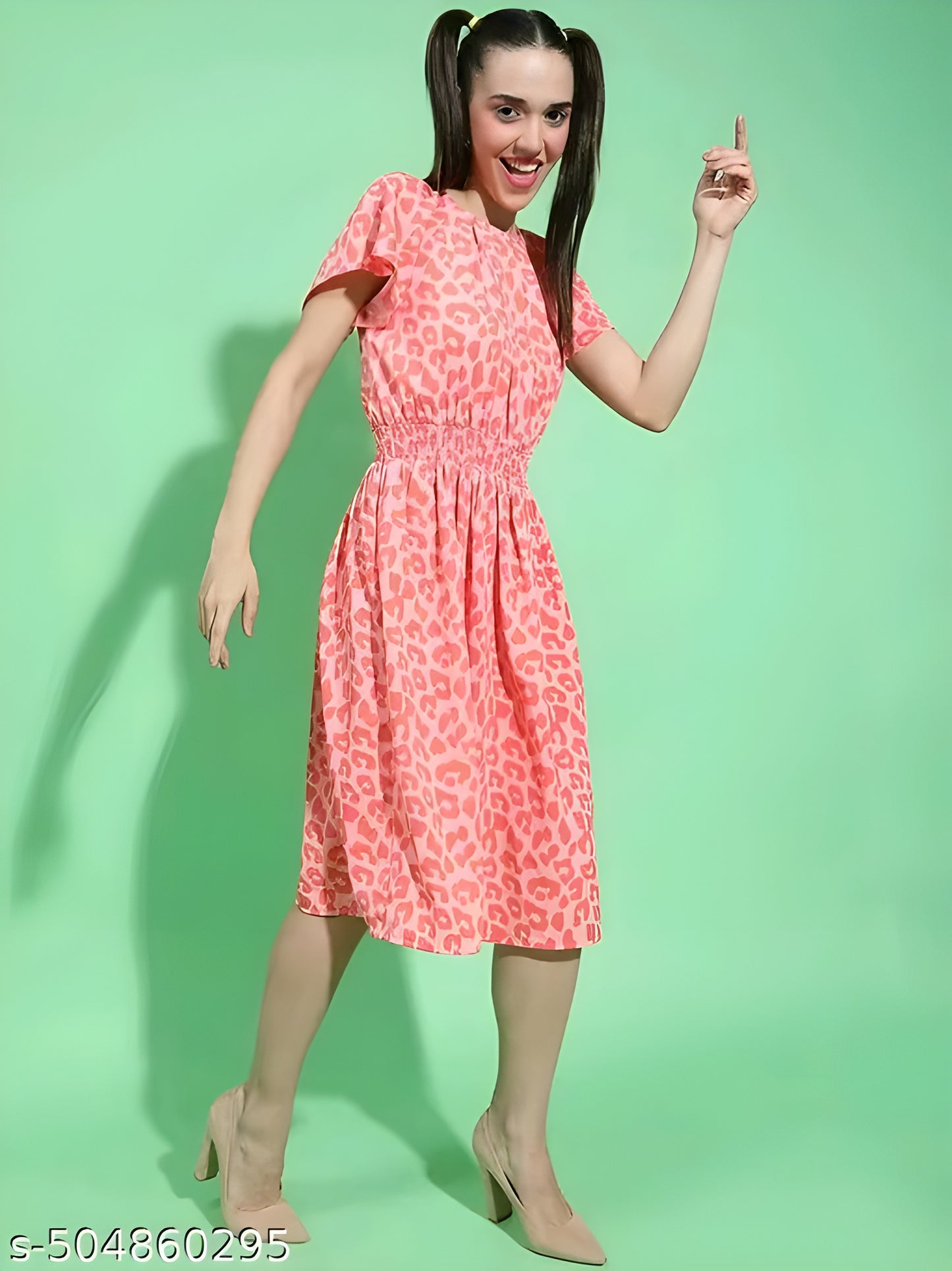 Women Pink printed round neck short sleeve smocked waist Blouson dress