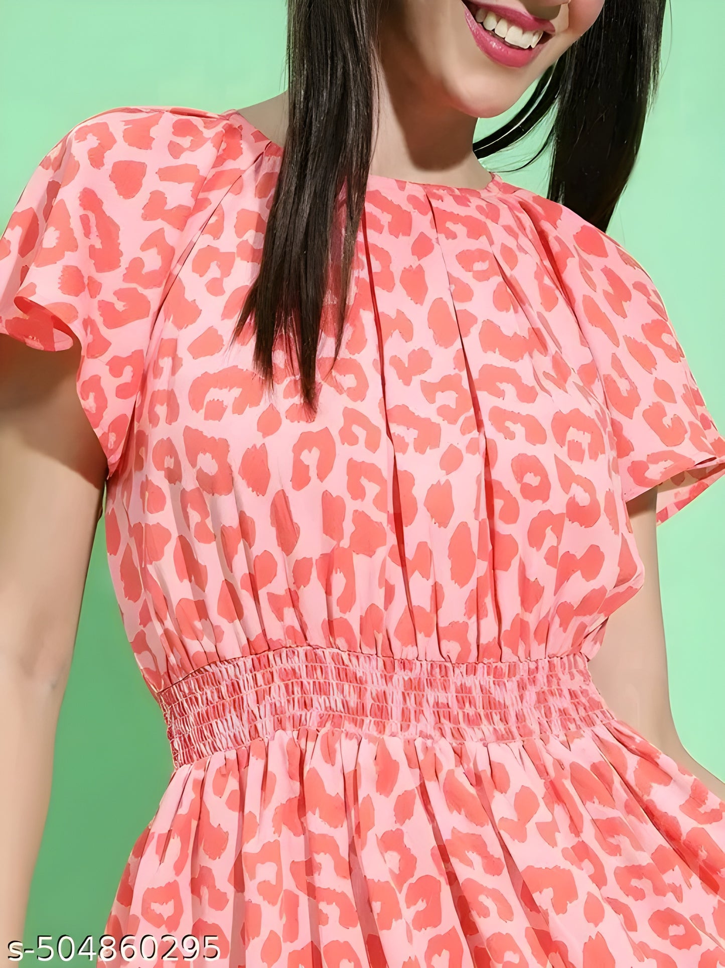 Women Pink printed round neck short sleeve smocked waist Blouson dress