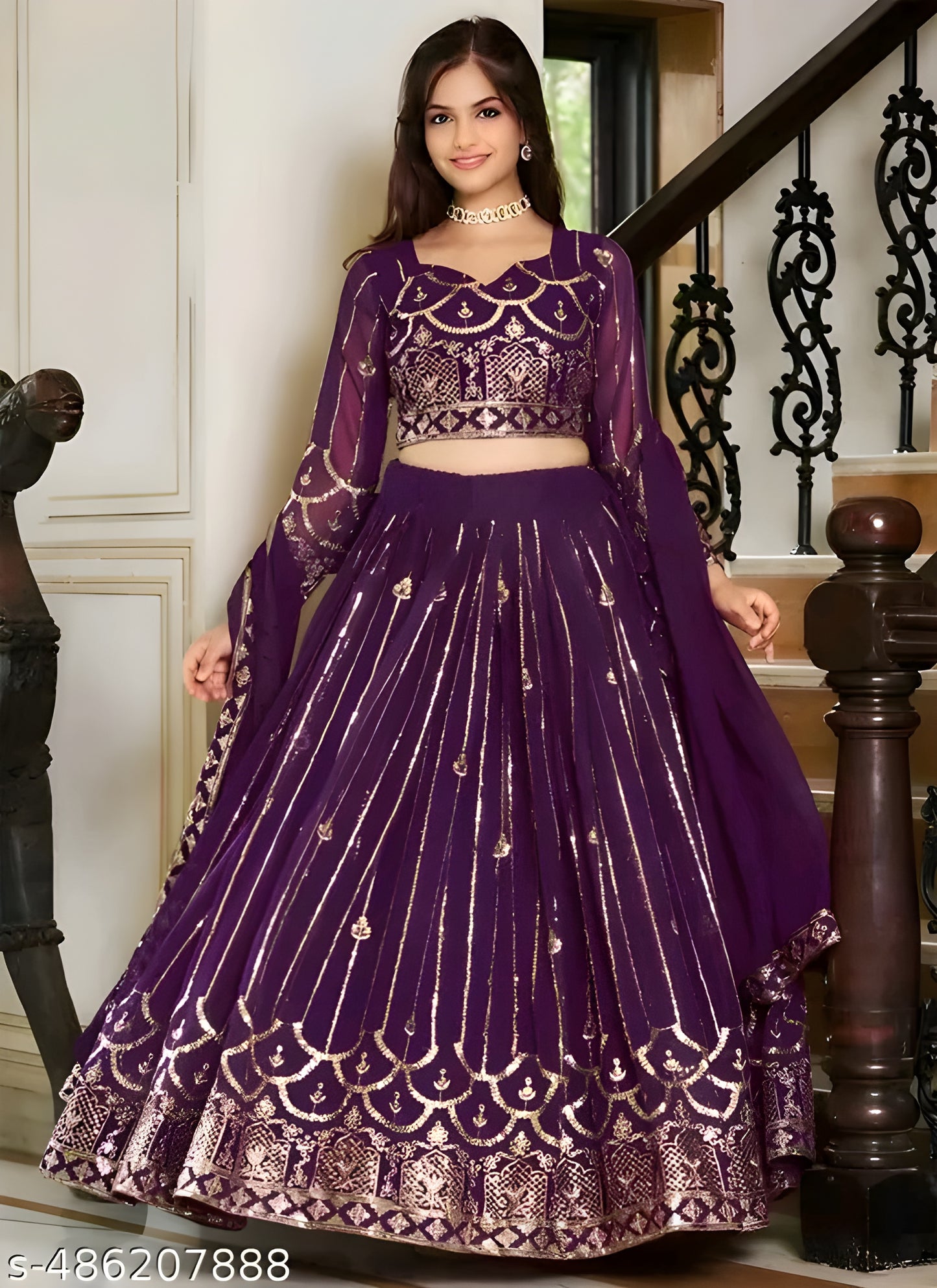 Embroidered, Embellished Semi Stitched Lehenga Choli (Purple)