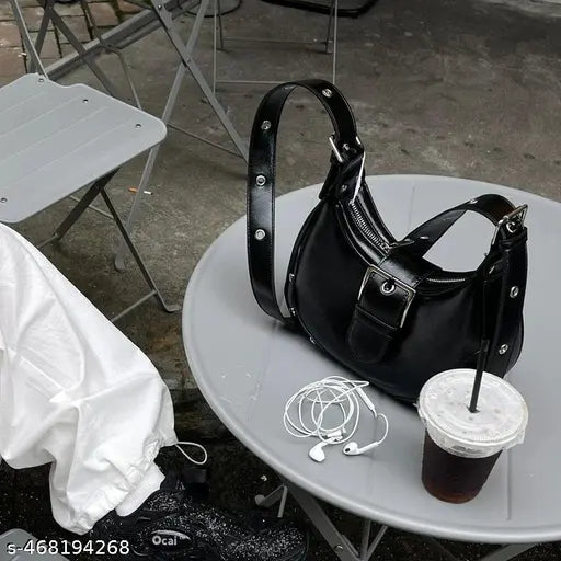 White Studded Decor Broad Strap Half Moon Shaped Dumpling Crossbody Sling Bag For Women