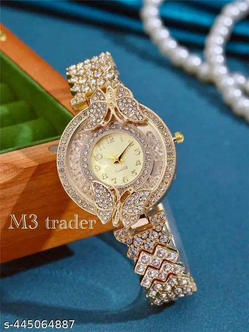 M3 trader gold Watch With Diamond Cover Strap And Butterfly design Case Watch for Women and Girls Vintage Collection