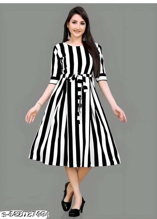 Women's Knee Length A-Line Crepe One Piece Dress With Waist Tie-Up (Black &amp; White)
