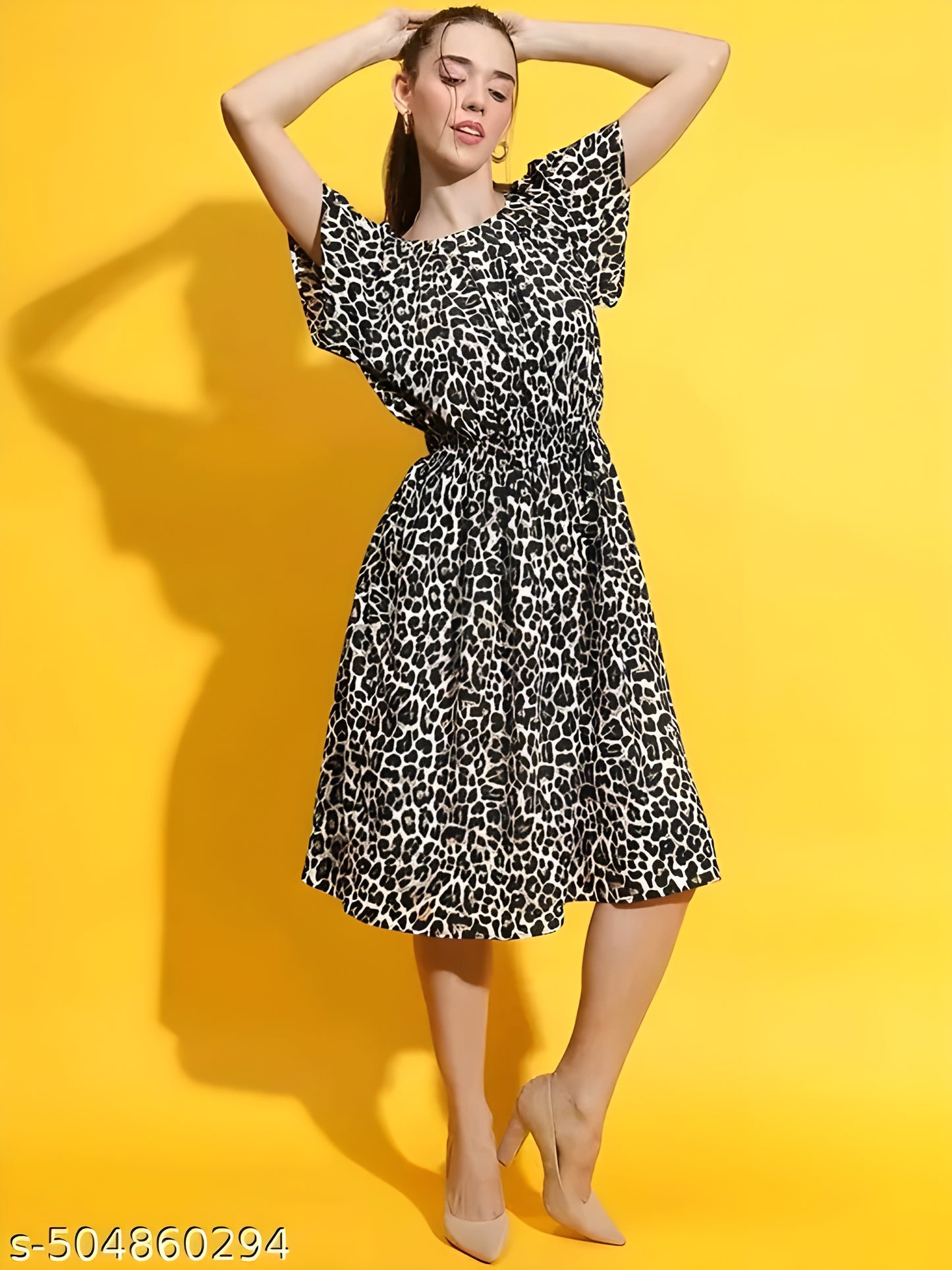 Women multicolor Animal print round neck short sleeve smocked waist Blouson dress