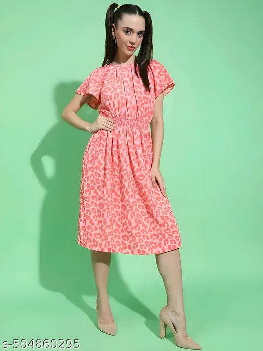 Women Pink printed round neck short sleeve smocked waist Blouson dress