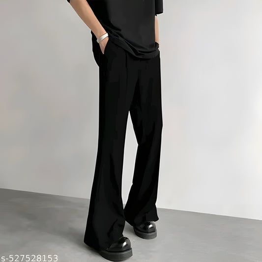 FTX Men Solid Bell Bottom Loose Fit Black Formal korean Trouser