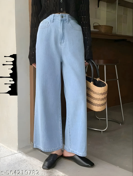 WOMEN WIDE LEG FLARED BELL BOTTOM HIGH RISE DENIM JEANS