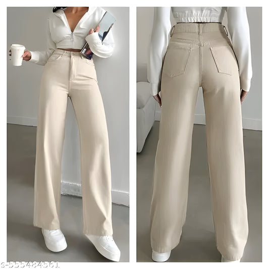 D-160 Wiideleg high waist cream womens jeans for girls, ladies and womens