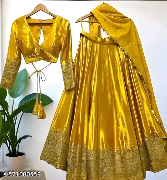 Yellow color heavy work marriage special lehenga choli women