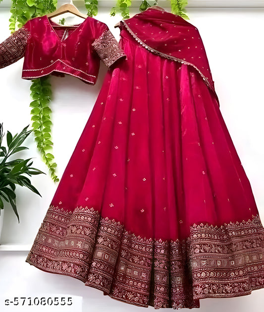 Women's Collection Flower Design Lehenga Choli Embrodered Work With Unstitched Blouse