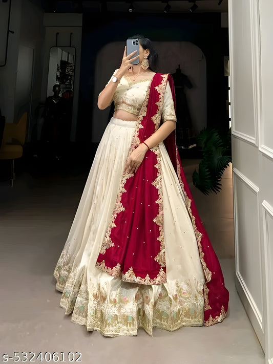 Embroidered Sequinned Ready to Wear Lehenga &amp; Unstitched Blouse With Dupatta