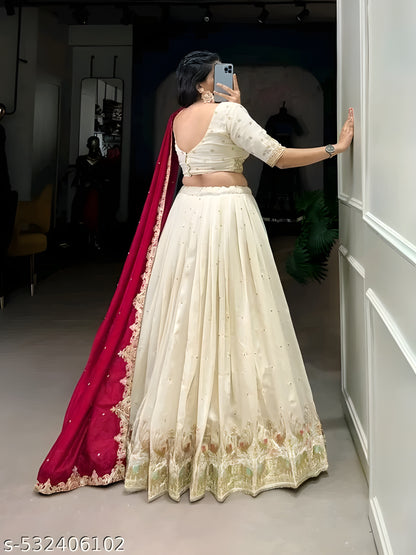 Embroidered Sequinned Ready to Wear Lehenga &amp; Unstitched Blouse With Dupatta