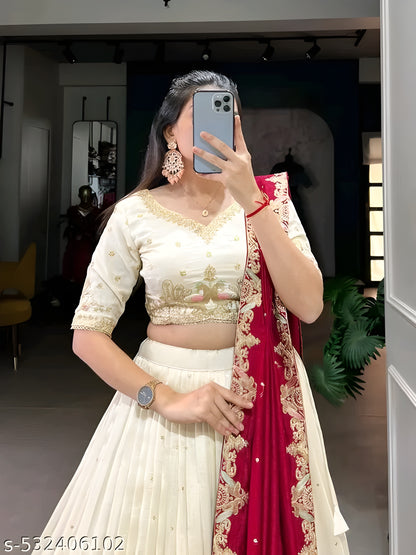 Embroidered Sequinned Ready to Wear Lehenga &amp; Unstitched Blouse With Dupatta