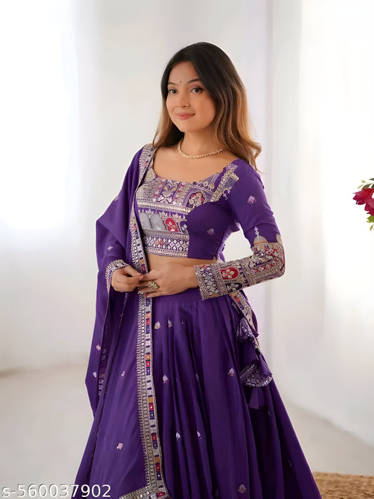 Chinon Silk Embroidered &amp; Sequence Work Heavy Lehenga Choli