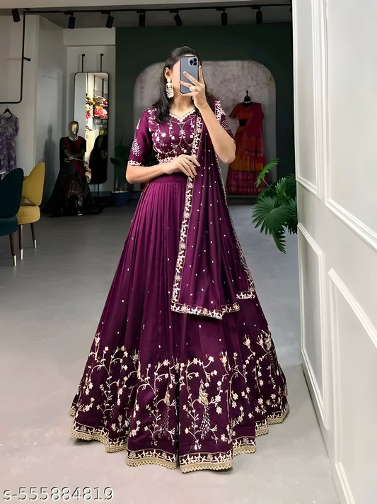 Green Color Embroidery Work With Silk Lehenga Choli