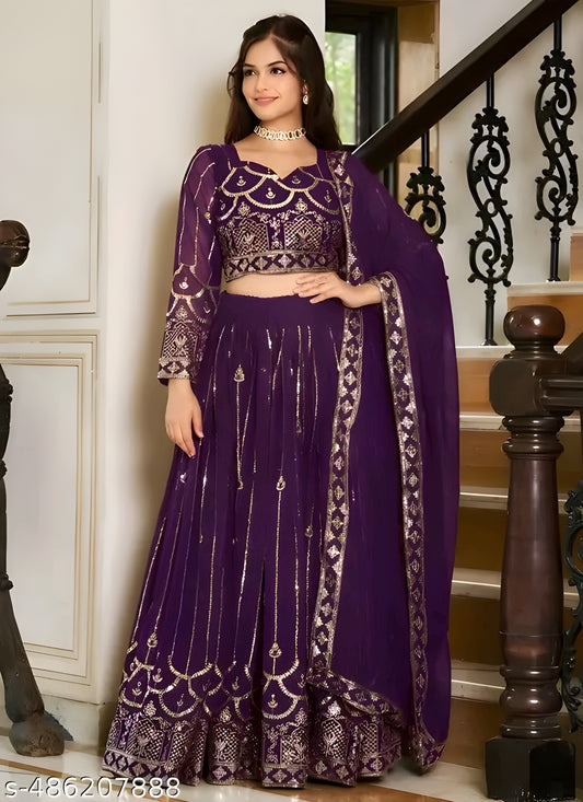 Embroidered, Embellished Semi Stitched Lehenga Choli&nbsp;&nbsp;(Purple)