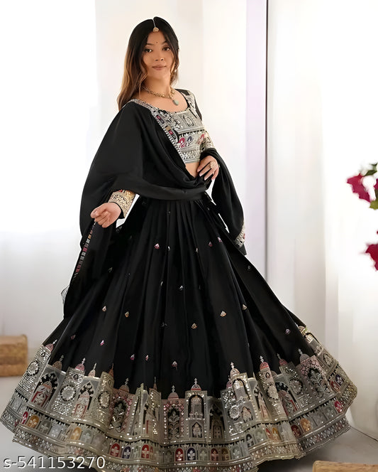 Chinon Silk Embroidered &amp; Sequence Work Black Lehenga Choli