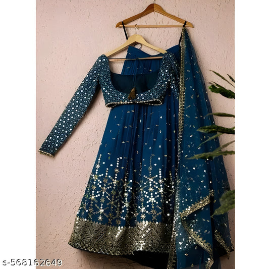 Teal Blue Sequins Embroidered Georgette Party Wear Lehenga Choli