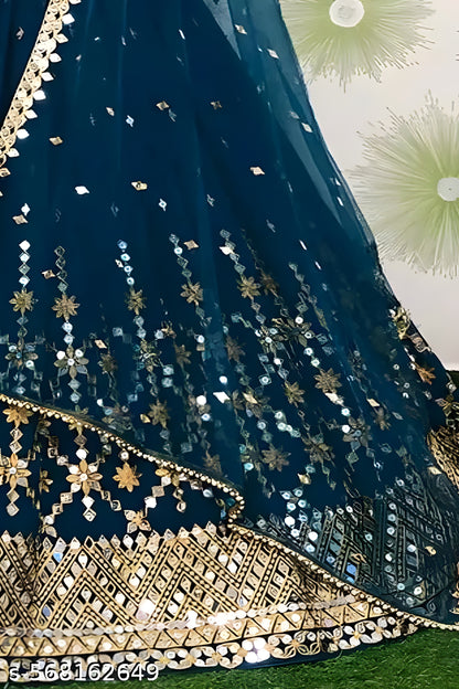 Teal Blue Sequins Embroidered Georgette Party Wear Lehenga Choli
