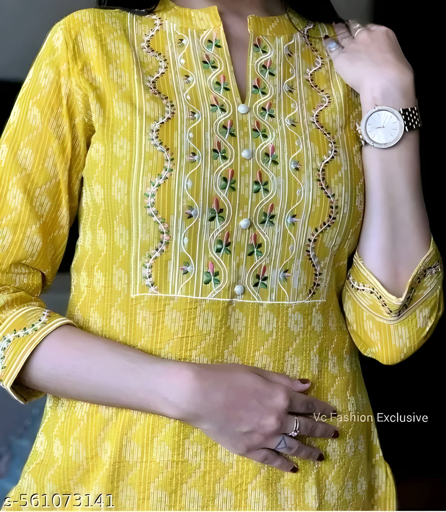 Yellow Embroidered Cotton Kurti — 3/4 Sleeve (S–5XL