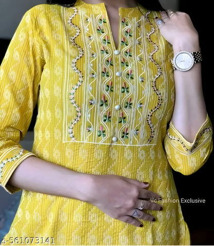 Yellow Embroidered Cotton Kurti — 3/4 Sleeve (S–5XL
