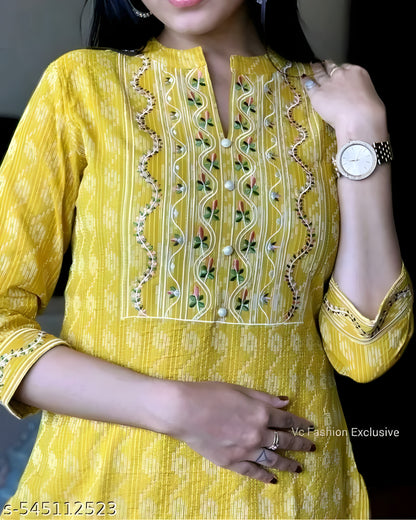 Yellow Embroidered Cotton Kurti — 3/4 Sleeve (S–5XL