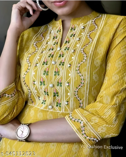 Yellow Embroidered Cotton Kurti — 3/4 Sleeve (S–5XL