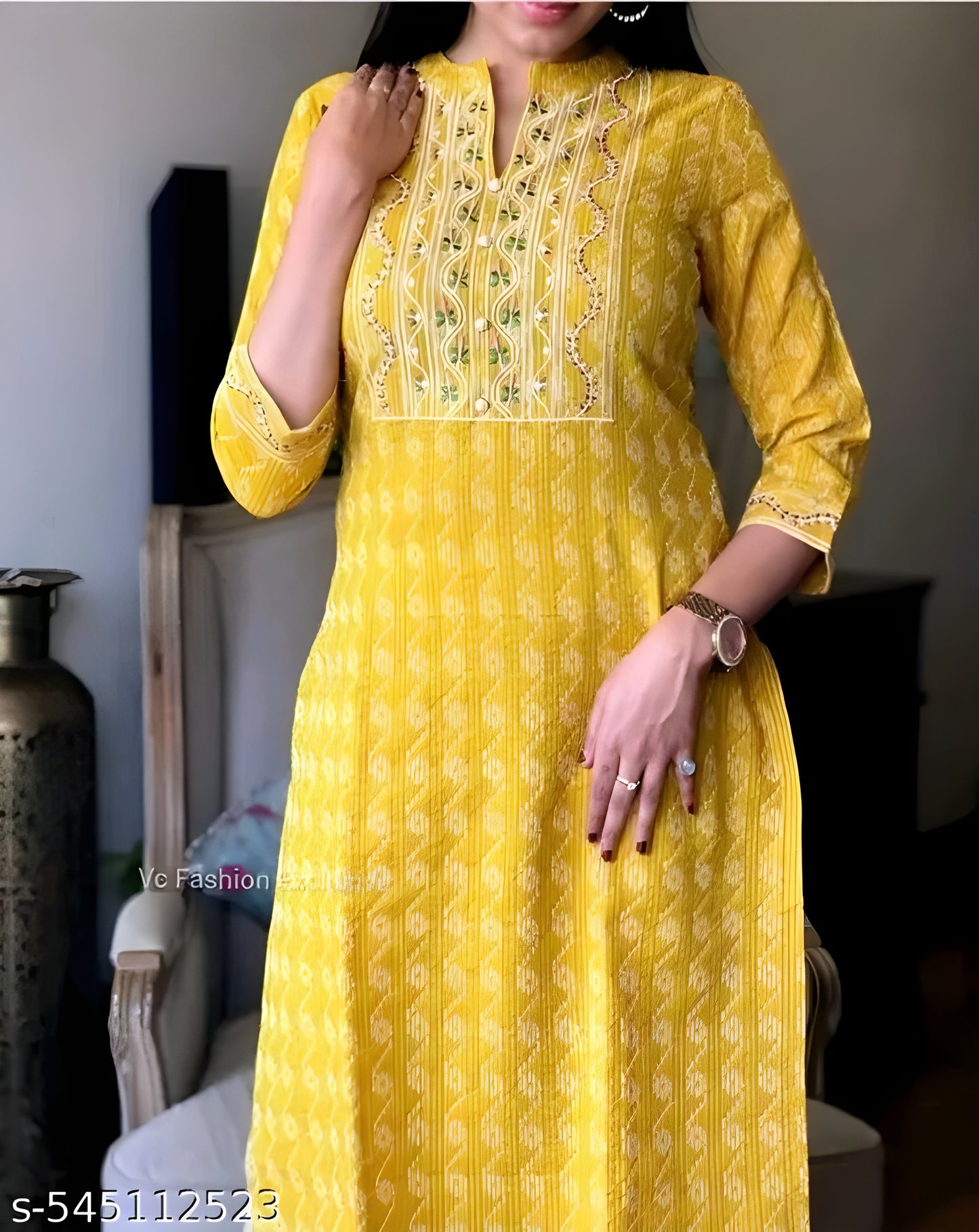 Yellow Embroidered Cotton Kurti — 3/4 Sleeve (S–5XL