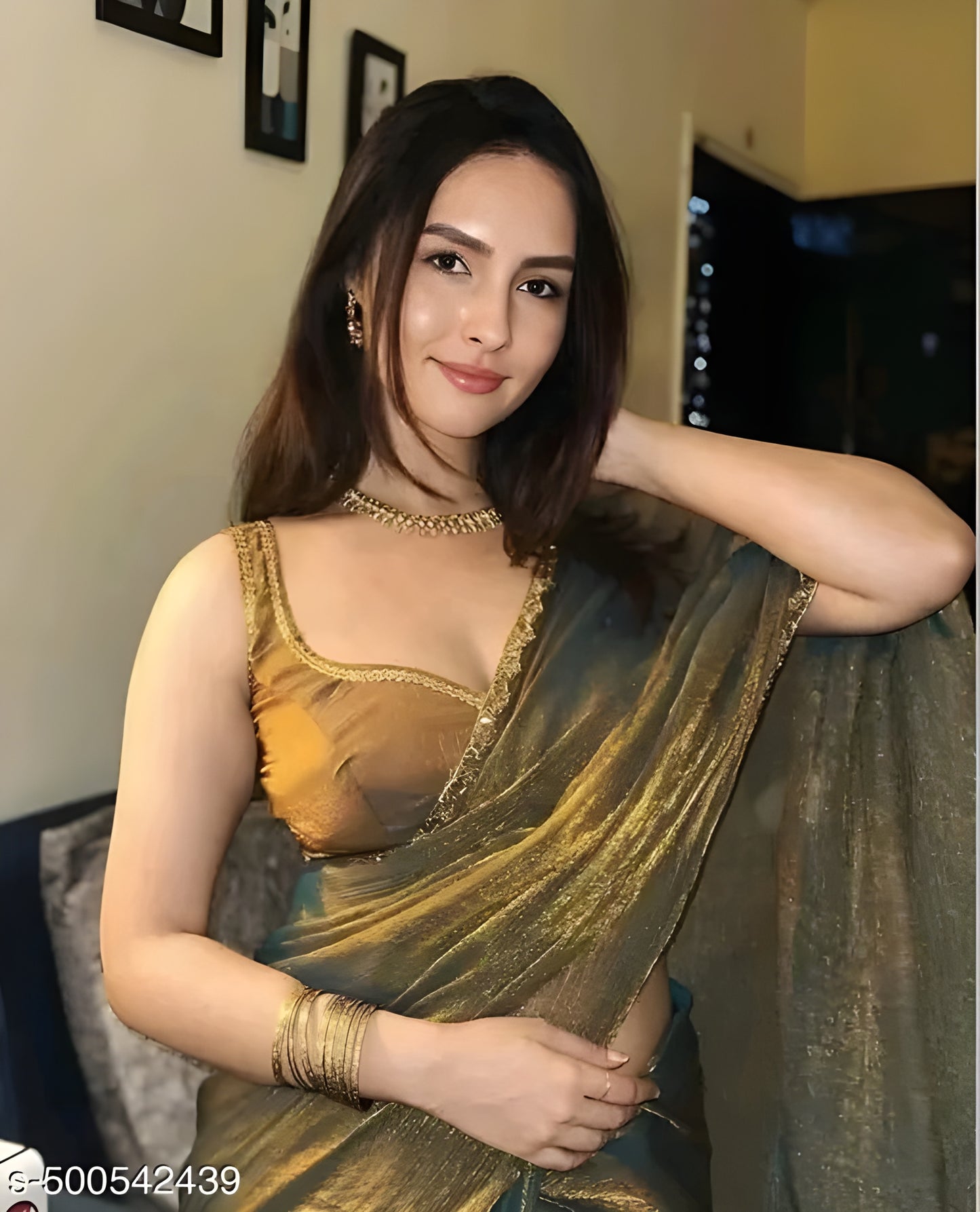 Gold &amp; Rama Green Two-Tone Chiffon Silk Saree — Beads &amp; Stones | 6.3m