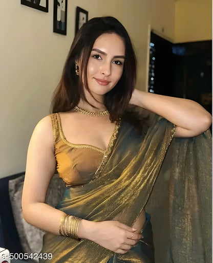 Gold &amp; Rama Green Two-Tone Chiffon Silk Saree — Beads &amp; Stones | 6.3m