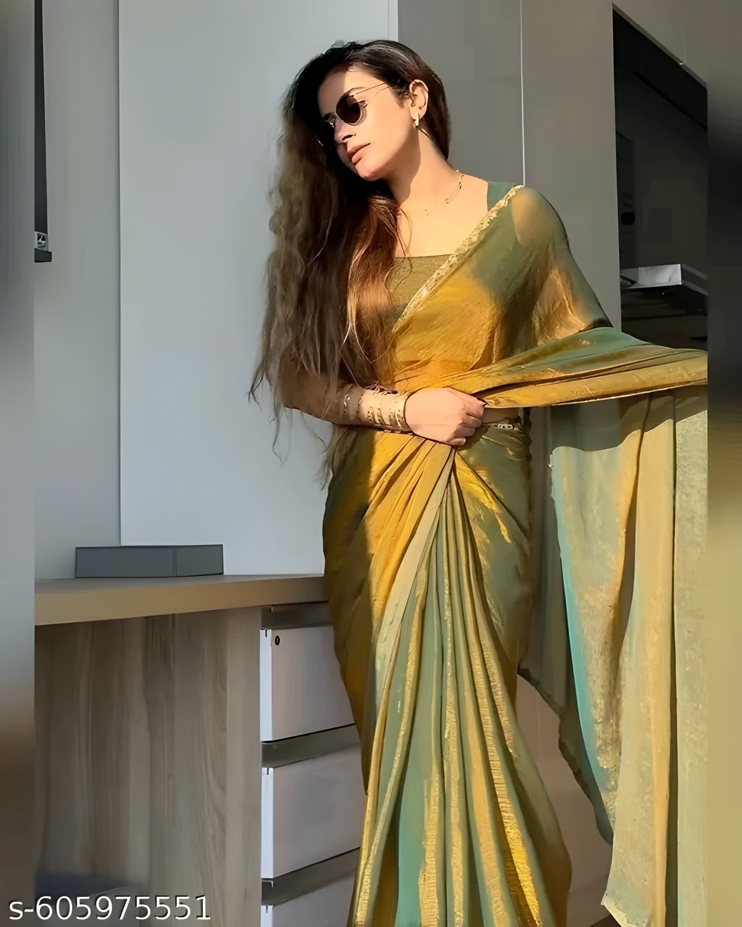 Gold &amp; Rama Green Two-Tone Chiffon Silk Saree — Beads &amp; Stones | 6.3m