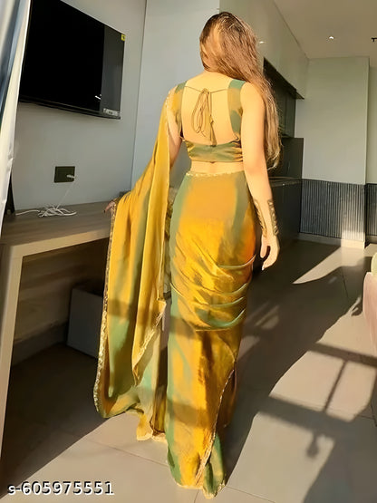 Gold &amp; Rama Green Two-Tone Chiffon Silk Saree — Beads &amp; Stones | 6.3m