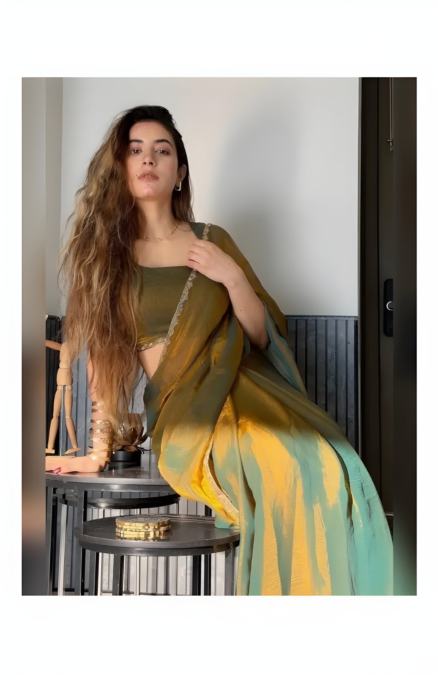 Gold &amp; Rama Green Two-Tone Chiffon Silk Saree — Beads &amp; Stones | 6.3m