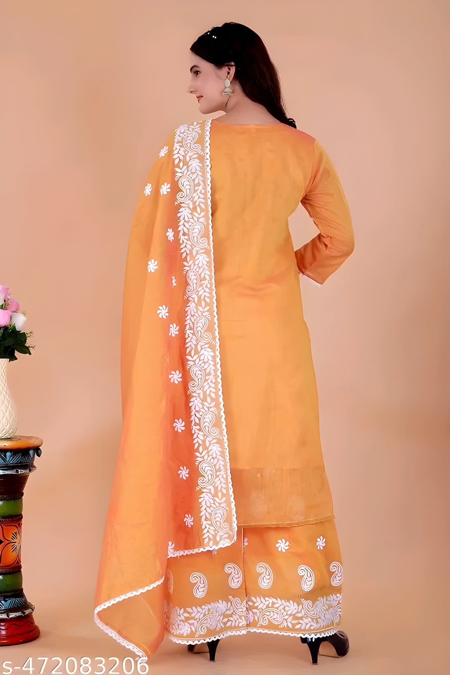 Vardhan Peach Chanderi Chikankari Kurta-Palazzo-Dupatta Set (L–XXL)