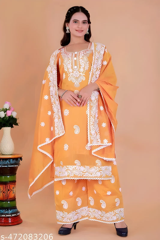 Vardhan Peach Chanderi Chikankari Kurta-Palazzo-Dupatta Set (L–XXL)
