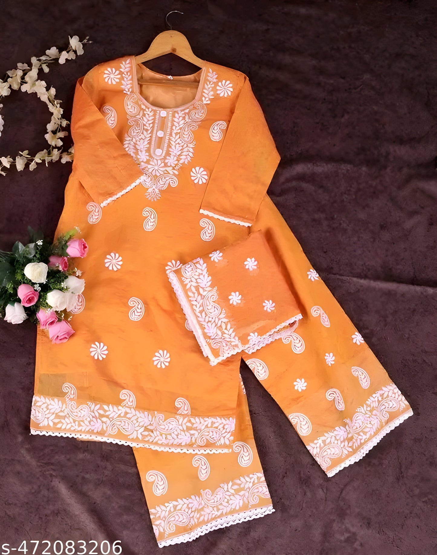 Vardhan Peach Chanderi Chikankari Kurta-Palazzo-Dupatta Set (L–XXL)