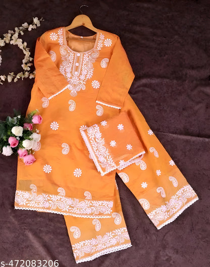 Vardhan Peach Chanderi Chikankari Kurta-Palazzo-Dupatta Set (L–XXL)