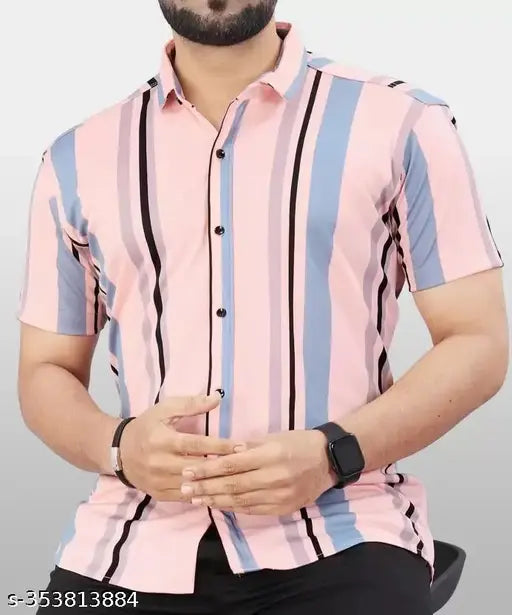 STI Men's Vertical Stripes Regular Spread Collar Pink Shirts