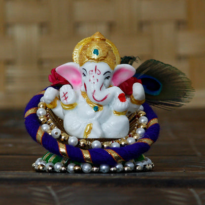 eCraftIndia Lord Ganesha Idol on Decorative Handcrafted Floral Plate for Home and Car