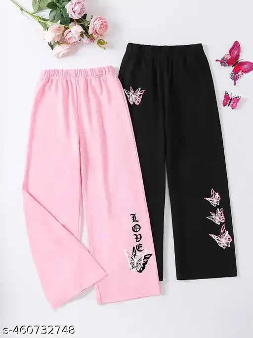 Girls Trendy Butterflies Graphic Print Wide Leg Pants For Spring & Summer- 2pcs/set
