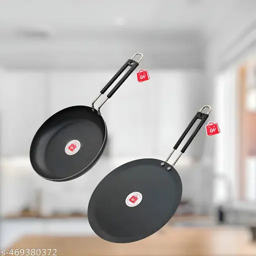 LAZYwindow Traditional Fry Pan &amp; Tawa Combo Pack | Durable Grip Handle | Induction-Compatible Base | Black Finish
