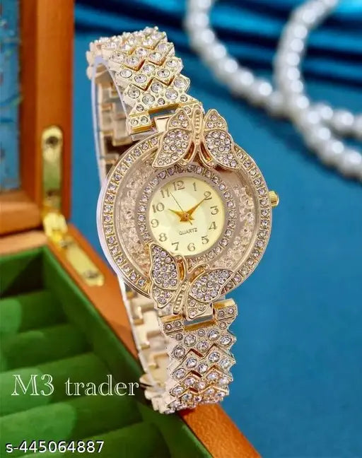 M3 trader gold Watch With Diamond Cover Strap And Butterfly design Case Watch for Women and Girls Vintage Collection