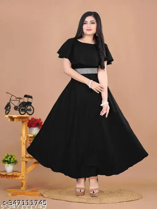 BLACK LONG FLORAL DRESS WITH SILVER DIMOND BELT