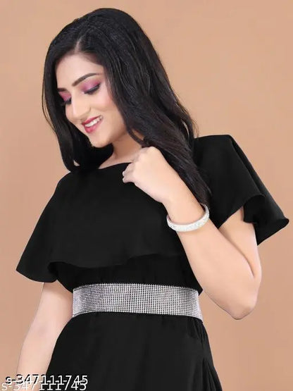 BLACK LONG FLORAL DRESS WITH SILVER DIMOND BELT