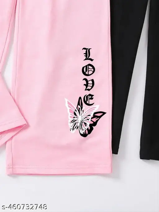 Girls Trendy Butterflies Graphic Print Wide Leg Pants For Spring & Summer- 2pcs/set