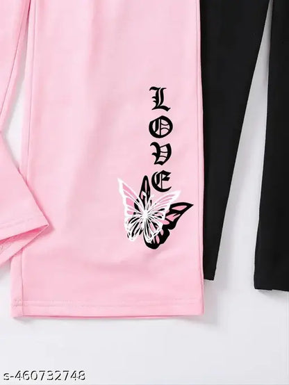 Girls Trendy Butterflies Graphic Print Wide Leg Pants For Spring & Summer- 2pcs/set