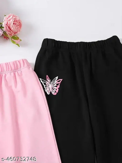 Girls Trendy Butterflies Graphic Print Wide Leg Pants For Spring & Summer- 2pcs/set