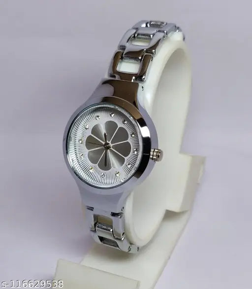 Unique Flower Designer Round Dial Attractive Metal Belt Analog Watches for Women
